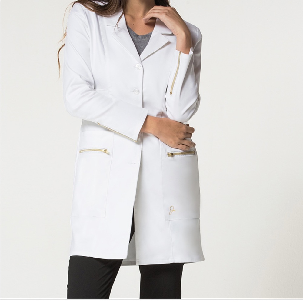 White Long Lab Coat Jacket with Gold Zippers